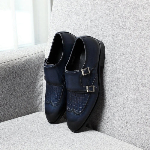 Elegant Men's Genuine Leather Monk Strap Shoes | Stone Pattern Print Double Buckle & Cap Toe (Business, Party, Social)