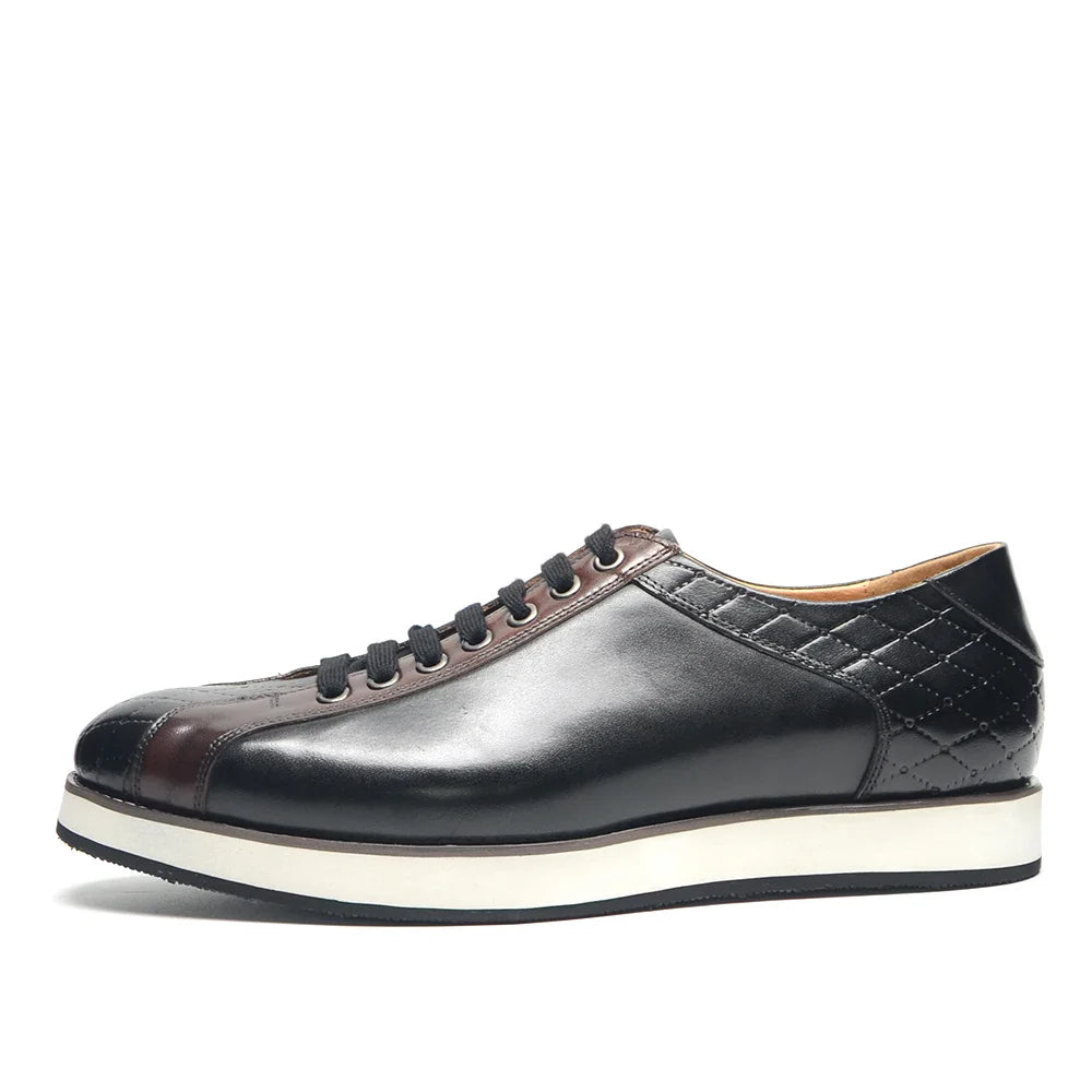 Europe 2024 Fall Luxury Men's Genuine Leather Plaid Casual Shoes | Black & Dark Brown Business Sneakers (Height Increasing)